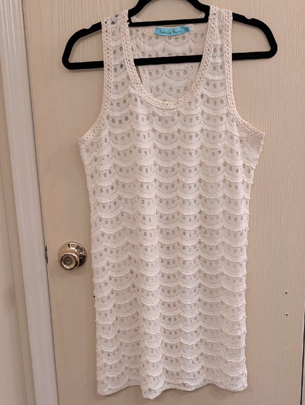 Solitaire Swim Scalloped Crochet Tank Cover-Up Dress Cream - Size M